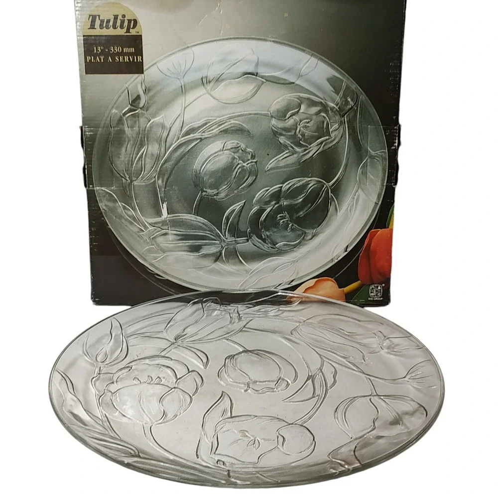 Vintage Kig Group Round Serving Platter Embossed Tulips‎ Clear Glass 13 inch SEE